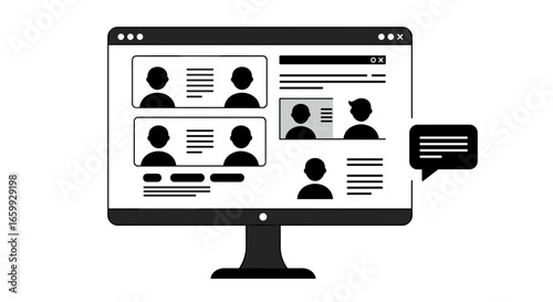 Online communication interface on computer monitor with chat bubbles