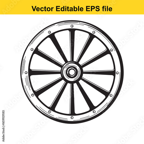 Vector illustration of a wagon wheel with spokes, isolated on white background