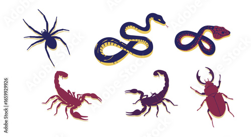 Colorful retro insects and reptiles design with bold shadow effect