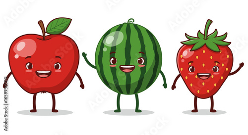 Cute cartoon fruits with faces: apple, watermelon, and strawberry characters