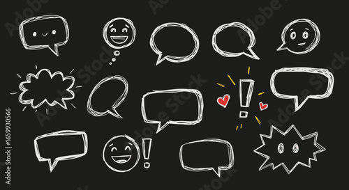 Hand drawn speech bubbles and expressions on chalkboard background