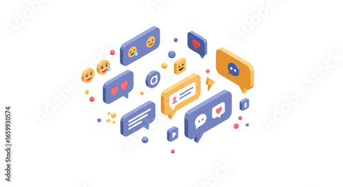 Social media isometric icons with emojis and chat bubbles for digital communication