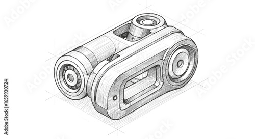 Hand-drawn mechanical device with precision engineering design elements