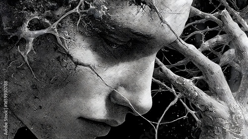 A close up of a human face partially obscured and blended into the intricate patterns of tree branches creating a moody atmospheric and thought provoking image