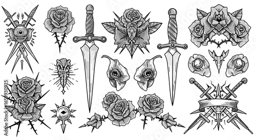 Monochrome tattoo design with daggers and roses inspired by vintage aesthetics