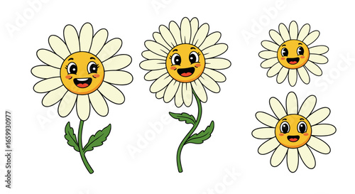 Cheerful cartoon daisies with smiling faces on stems