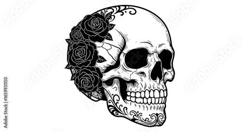 Intricate floral skull design with black roses and detailed patterns