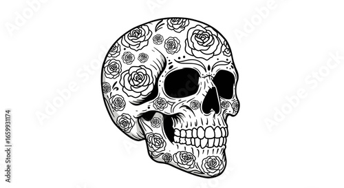 Intricate floral skull design with decorative rose patterns in black and white