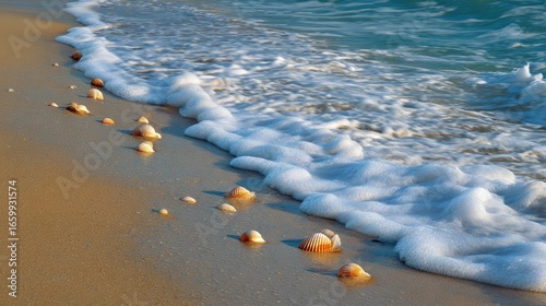 Peaceful Shoreline with Seashells and Gentle Waves on a Sandy Beach at Sunrise