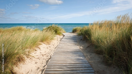 Serene Pathway Through Golden Dunes Leading to Calm Blue Ocean Under Clear Sky