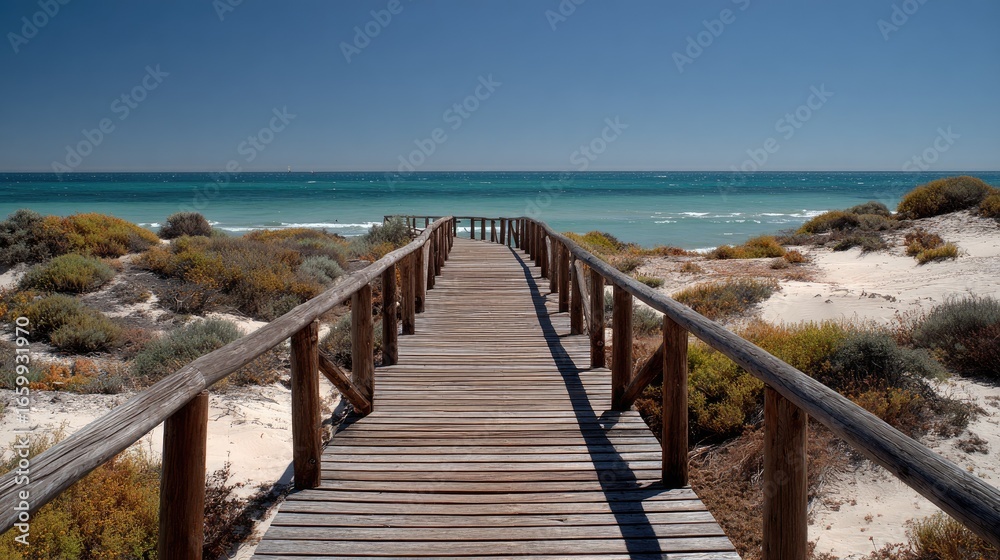 Fototapeta premium Tranquil Wooden Boardwalk Path Leading Through Coastal Dunes Towards Calm Ocean Under Clear Blue Sky