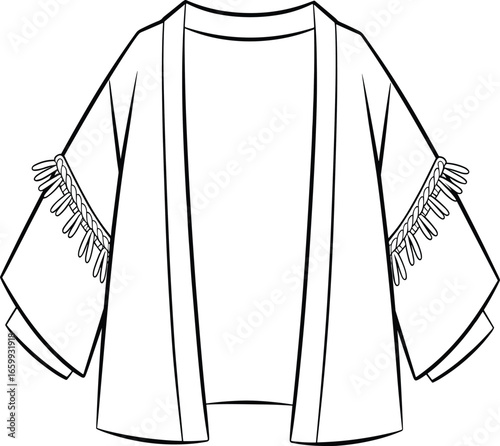 Stylish kimono cardigan with fringe, fashion flat sketch, vector outerwear design, boho chic garment, technical drawing, apparel illustration, cad drawing flat vector illustration