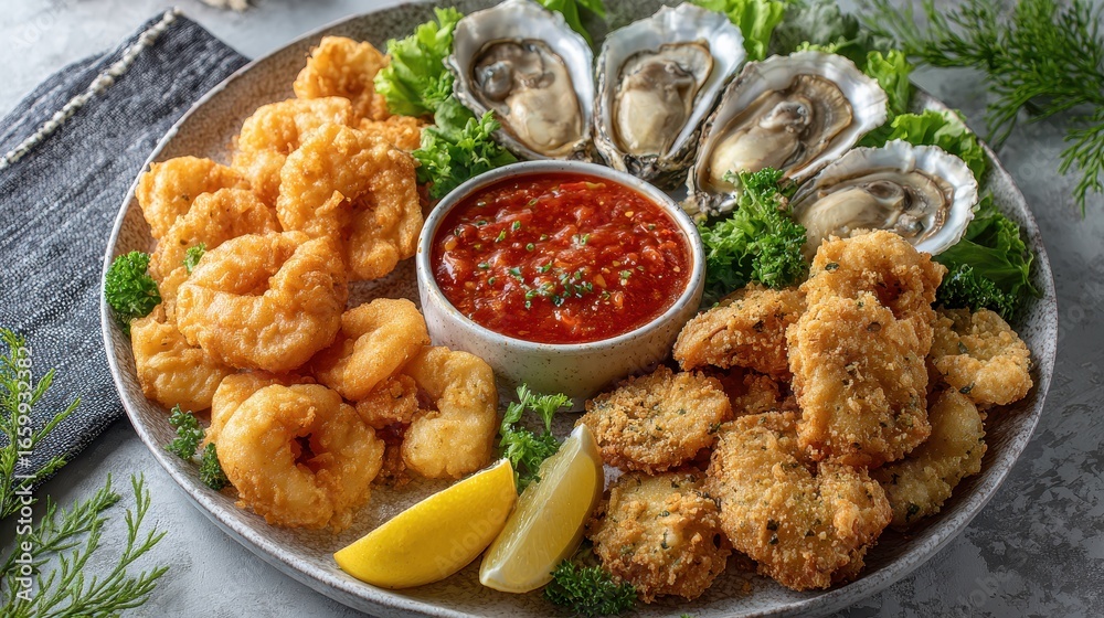 Fototapeta premium Seafood platter with fried shrimp, fresh oysters, sauce, lemon, and coleslaw