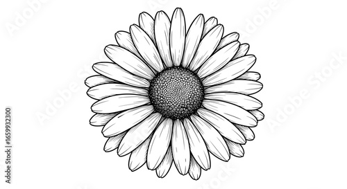 Detailed black and white line art of daisy flower in bloom