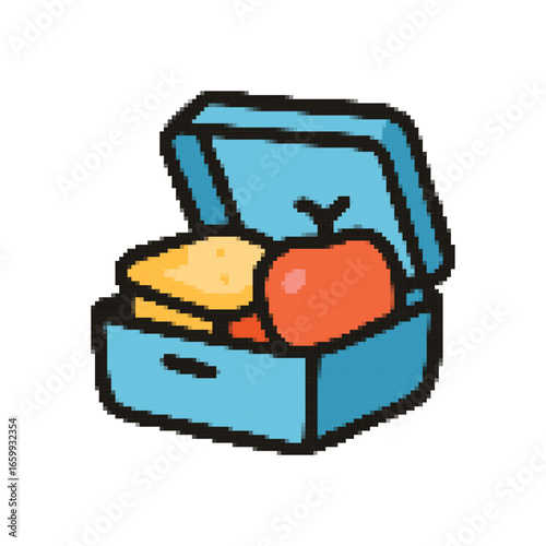 Blue lunchbox containing a sandwich and an apple sits open on a table, ready for a midday meal with a simple and cheerful vibe.