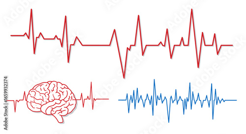 Heartbeat and brainwave line art with red and blue ecg signals