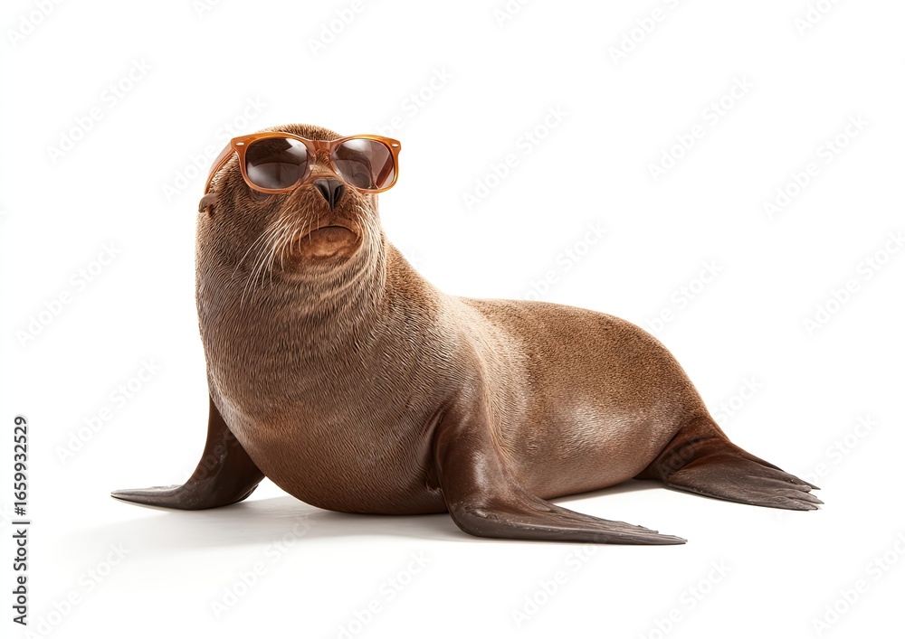 Obraz premium A brown seal wearing sunglasses is laying on its back