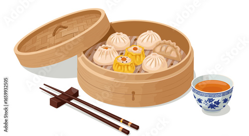 Traditional chinese dim sum feast with dumplings and tea in bamboo steamer