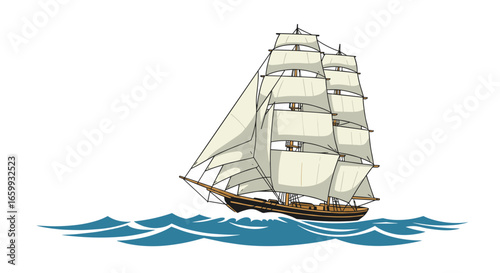 Elegant sailing ship on blue waves with tall white sails