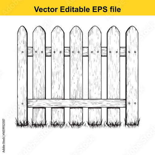 Wooden picket fence with grass isolated on white background, vector editable eps file