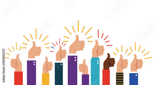 Diverse hands giving thumbs up with colorful sleeves
