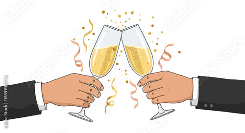 Celebratory toast with champagne glasses and confetti in hand-drawn style