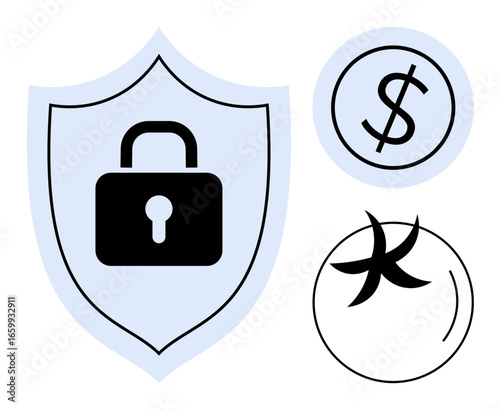 Padlock on shield symbolizing security, dollar representing finances, and star representing excellence. Ideal for cybersecurity, data protection, financial stability, reliability, safe systems