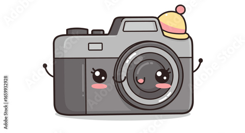 Cute kawaii camera with hat and facial expressions in cartoon style