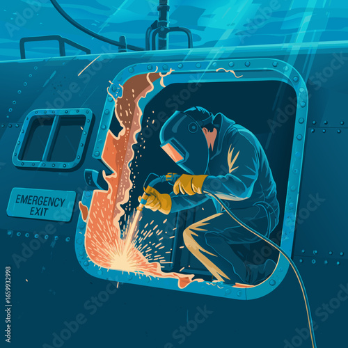 A stylized illustration of a welder in a protective helmet and gloves creating bright sparks while working on a vehicle.