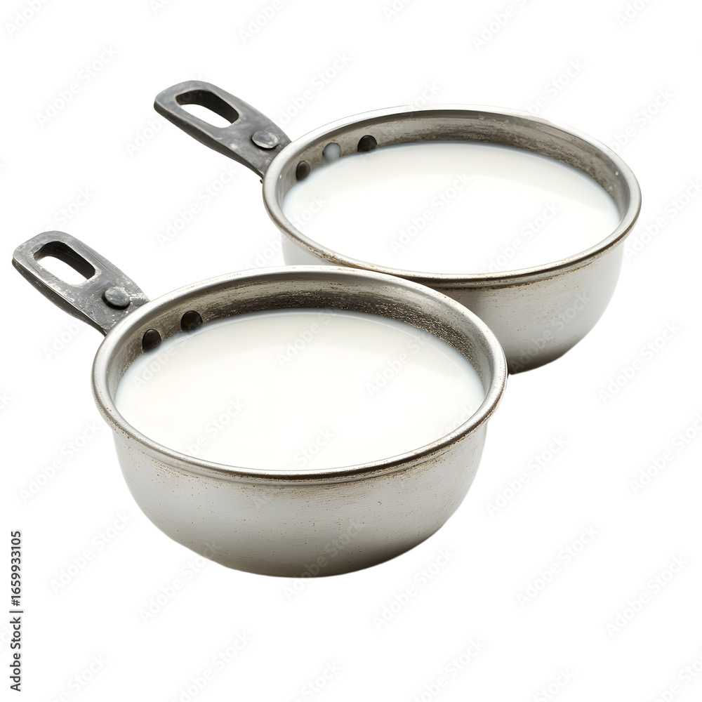 Fototapeta premium Fresh White Milk in Two Metal Pans - Professional Food Photography