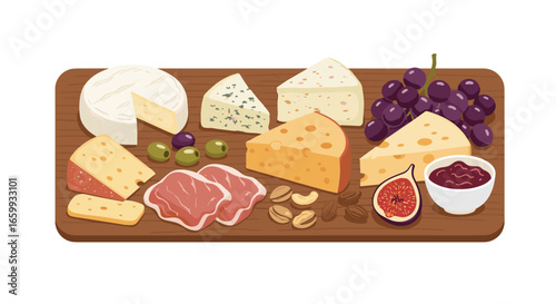 Variety of cheeses and fruits on wooden platter