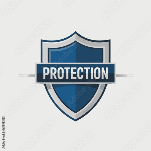 Blue and Silver Shield Protection Logo A stylized heraldic shield with a silver border dark blue center and a banner reading PROTECTION.