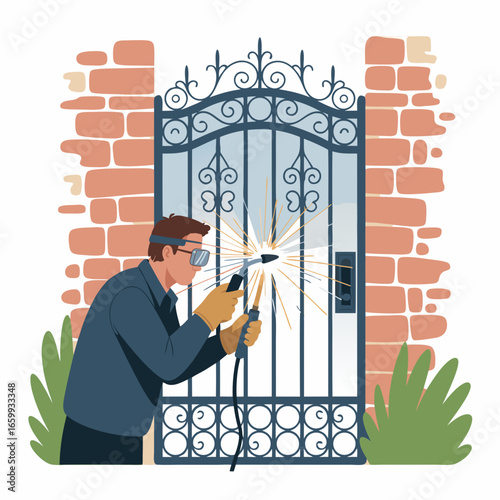 Male welder in safety goggles and gloves repairing an ornate blue wrought iron gate with bright sparks.