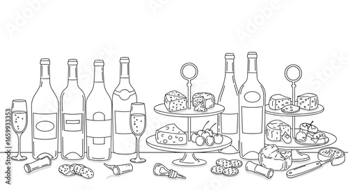 Wine and cheese party setup with bottle and glass arrangement in linear style