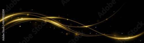 Golden curved light line.Confetti sparkles in a wave. Sparkling magical dust particles.golden stars shine with special light. Magical shining gold dust.
