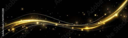 Golden curved light line.Confetti sparkles in a wave. Sparkling magical dust particles.golden stars shine with special light. Magical shining gold dust.