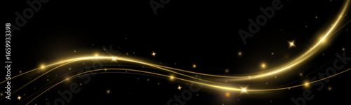 Golden curved light line.Confetti sparkles in a wave. Sparkling magical dust particles.golden stars shine with special light. Magical shining gold dust.