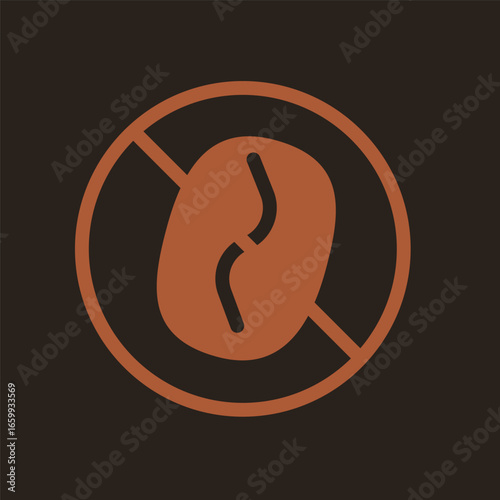 Decaf coffee bean symbol inside prohibition circle on dark background. Flat vector illustration icon.