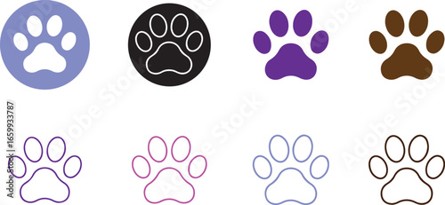 Assorted Paw Print Icons in Various Colors and Styles dog paw cat paw