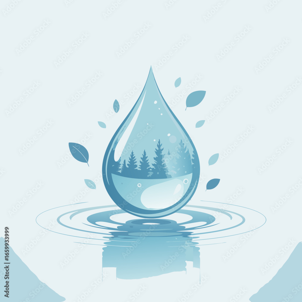 Fototapeta premium Stylized blue water droplet illustration containing a winter pine forest scene with floating leaves.