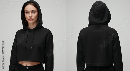 Black Crop Top Hoodie on Female Model