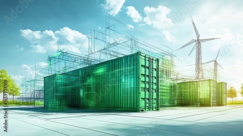 Concept sketch of grid energy storage containers in green colors, representing essential components of future sustainable energy infrastructure, Generative AI