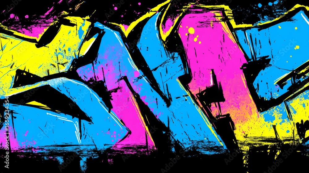 Naklejka premium Colorful graffiti pattern in neon blue, pink, yellow, and black with bold strokes and glowing urban 80s street art style, vibrant funky design for digital backgrounds and creative banners