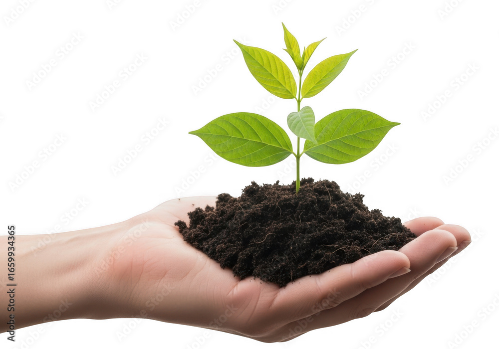 Hand holding a plant growing from soil isolated on transparent background Hand holding a plant growing from soil isolated on transparent background