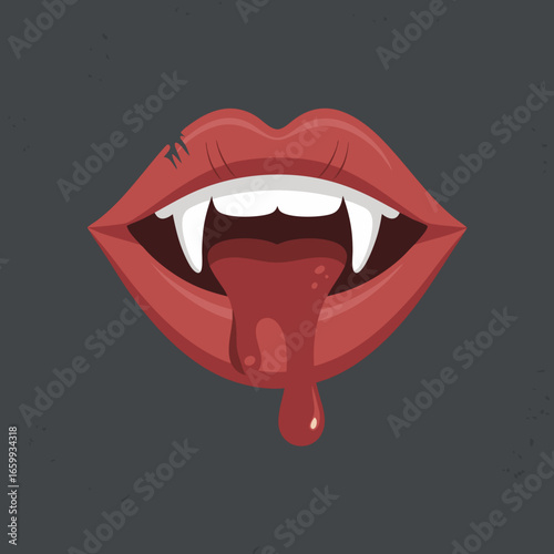 Stylized vampire mouth with red lips sharp white fangs a cut and dripping blood.