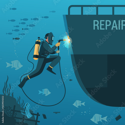 Underwater welder in a dark wetsuit and yellow scuba tank fixing a ships hull with a torch and bright sparks.