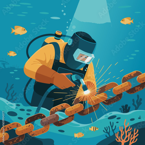 Underwater welder in a yellow suit and helmet using a torch to repair a large rusty chain.