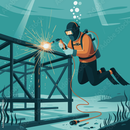 Underwater welder in orange wetsuit and black mask performing welding on metal structure with bright sparks.