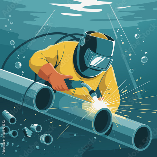 Underwater Welder in Yellow Suit Repairs Large Metal Pipes with Sparks.
