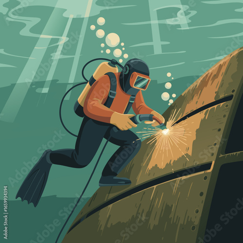 Vintage illustration of a commercial diver performing underwater welding on a rusty hull.